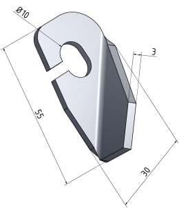 Technische Zeichnung: MWS Flügelmesser links/rechts 55 x 30 x 3 mm, kurz, für Amazone Mäher Grasshopper GH, GHL, GHLT