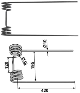 Technische Zeichnung: Industriehof® Striegelzinken 420 x 10 mm, für Striegel Bourgault