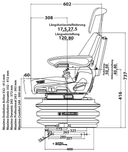 Technische Zeichnung: Grammer Traktorsitz Maximo® Dynamic, luftgefedert, Stoff, anthrazit/grün/silber