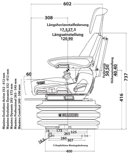 Technische Zeichnung: Grammer Traktorsitz Maximo® Professional, mit/ohne Sitzheizung, Komfort-Niederfrequenzfederung, Stoff