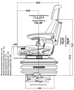 Technische Zeichnung: Grammer Traktorsitz Maximo® Comfort, luftgefedert, Stoff, anthrazit/grün/silber