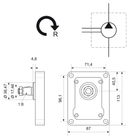 Technische Zeichnung: Hydraulikpumpe rechts einfach Fördermenge 19,0 cm³/U, für Case IH, Fiatagri, Ford New Holland