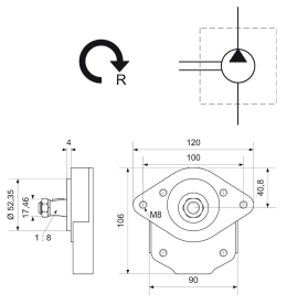 Technische Zeichnung: Hydraulikpumpe rechts einfach Fördermenge 11,0 cm³/U, für Landini 5000, 6000, 7000, 8000, Blizzard