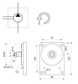 Technische Zeichnung: Hydraulikpumpe links einfach Fördermenge 16,0 cm³/U, für Carraro, Eicher, Holder, Hürlimann, Steyr