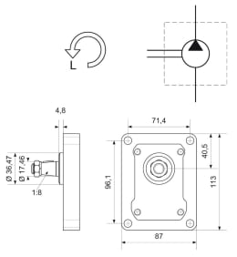 Technische Zeichnung: Hydraulikpumpe links einfach Fördermenge 16,0 cm³/U, für Case IH, David Brown, Fiatagri, Hürlimann