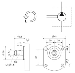 Technische Zeichnung: Hydraulikpumpe links einfach Fördermenge 8,0 cm³/U, für Steyr 500, 600, 700, 900, 8000