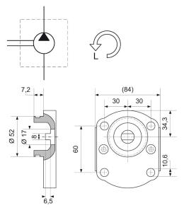 Technische Zeichnung: Hydraulikpumpe links einfach Fördermenge 16,0 cm³/U, für Steyr 600, 700, 800, 900, 1000, 2000, 8000