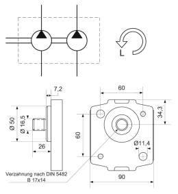 Technische Zeichnung: Hydraulikpumpe links doppelt Fördermenge 22,5 cm³/U, 14,0 cm³/U, für Deutz-Fahr DX, Agrostar