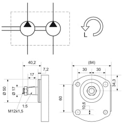 Technische Zeichnung: Hydraulikpumpe links doppelt Fördermenge 11,0 cm³/U, 8,0 cm³/U, für Case IH