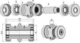 Technische Zeichnung: Industriehof® Lagerung L x Ø 185 x 115 mm mit Rillenkugellager, für Vierkantwelle 30 x 30 mm, universal