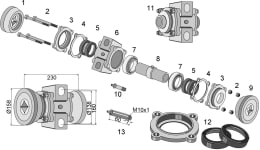 Set: Industriehof® Lagerung L x Ø 230 x 138 mm, 158 mm mit Kegelrollenlager, für Vierkantwelle 40 x 40 mm, Bougnot