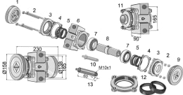 Set: Industriehof® Lagerung L x Ø 230 x 138 mm, 158 mm mit Kegelrollenlager, für Vierkantwelle 40 x 40 mm, Dal-Bo