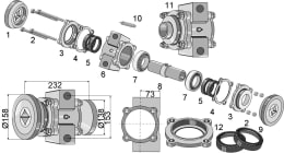 Set: Industriehof® Lagerung L x Ø 232 x 138 mm, 158 mm mit Kegelrollenlager, für Vierkantwelle 40 x 40 mm, J.D. Bru, Kuhn