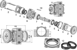 Set: Industriehof® Lagerung L x Ø 232 x 138 mm, 158 mm mit Kegelrollenlager, für Vierkantwelle 40 x 40 mm, Frost, Razol