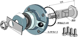 Technische Zeichnung: Industriehof® Lagerung Ø außen 80 mm, 133 mm, Lochkreis 105 mm, für Sechscheibe Överum