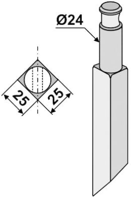 Technische Zeichnung: Rotorzinken links/rechts L x B x S: 175 x 25 x 25 mm Ø Schaft 23,9 mm für Rototiller Breviglieri