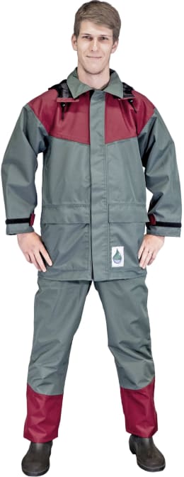 Produktbild: Pflanzenschutz-Jacke und Latzhose Agrisafe in Grau mit roten Einsätzen
