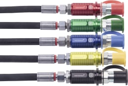 Produktbild: Kennfixx® Hydraulik-Handgriffe in verschiedenen Farben mit Schlauch und Steckverbindungen