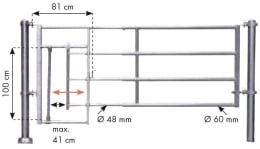 Technische Zeichnung: Patura Abtrennung R4, 365 – 465 cm, mit Kälberschlupf, 4 Horizontalstreben