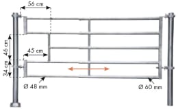Technische Zeichnung: Patura Abtrennung R5, 340 – 445 cm, mit Ausschnitt für Tränkebecken, 5 Horizontalstreben