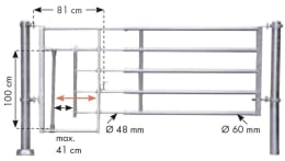 Technische Zeichnung: Patura Abtrennung R5, 365 – 465 cm, mit Kälberschlupf, 5 Horizontalstreben