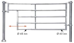 Technische Zeichnung: Patura Abtrennung R5, 355 – 455 cm, mit Ausschnitt für Tränken, 5 Horizontalstreben