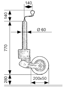 Technische Zeichnung: TRAILER POOL Stützrad Stützlast 250 kg, Rohr 60 x 470 mm, automatisch, Anschraubplatte