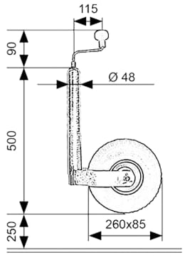 Technische Zeichnung: TRAILER POOL Stützrad Stützlast 200 kg, Rohr 48 x 360 mm