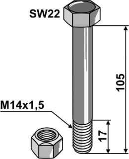 Technische Zeichnung: Industriehof® Sechskantschraube M 14 x 1,5 x 105 - 10.9 mit Sicherungsmutter für Bomford, Müthing