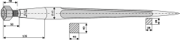 Technische Zeichnung: Industriehof® Frontladerzinken 1.250 mm, M 28 x 1,5 AG, spitz, gerade, für Alö, Baas, Trima, Stoll