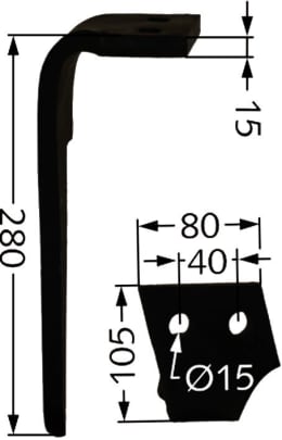 Technische Zeichnung: Kreiseleggenzinken KG-26 80 x 280 x 15 mm, Bohrung 15 mm, für Kreiselegge Rabe