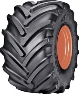 Produktbild: Mitas Landmaschinenreifen SFT Radial TL mit grobem Profil und oranger Felge