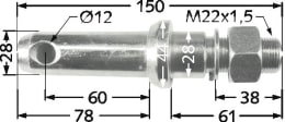 Technische Zeichnung: Unterlenkerbolzen Kat. 2, Ø 28 mm, 28 mm, M 22 x 1,5 AG, Länge 150 mm