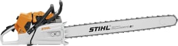 Produktbild: STIHL Benzin-Kettensäge MS 881 mit orange-weißem Gehäuse und langer Führungsschiene