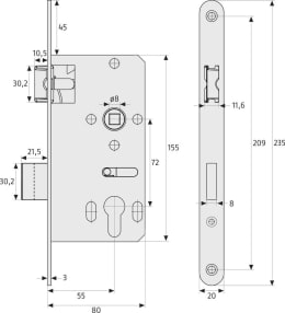 Technische Zeichnung: ABUS Einsteckschloss ESK PZ2 universal S PZ-Schloss, Innentürschloss, Wohnungseingangsschloss