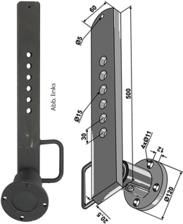 Technische Zeichnung: Industriehof® Scheibenlager links/rechts, mit Stiel Nabe Ø außen 120 mm, Lochkreis 100 mm