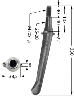 Technische Zeichnung: Kreiseleggenzinken 38,5 x 330 x 25/28 mm, für Kreiselegge Krone, Landsberg, Lely, Rau