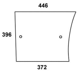 Technische Zeichnung: Türscheibe, klar, unten links/rechts, Länge 372 mm, 446 mm, für John Deere 1000, 2000, Kabine MC-1