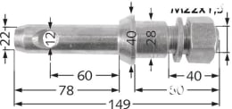 Technische Zeichnung: Unterlenkerbolzen Kat. 1, Ø 22 mm, 28 mm, M 22 x 1,5 AG, Länge 149 mm