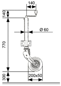 Technische Zeichnung: TRAILER POOL Stützrad Stützlast 250 kg, Rohr 60 x 470 mm, automatisch, Flanschplatte