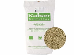 Produktbild: Kaiser Biofutter Geflügelfutter in Sackverpackung mit Detailansicht der Pellets