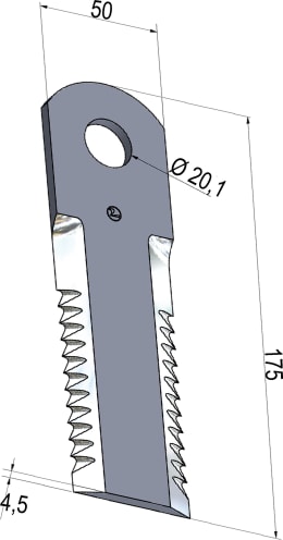 Technische Zeichnung: MWS Häckslermesser 175 x 50 x 4,5 mm gezahnt, für Strohhäcksler Biso Mähdrescher Case IH, Fendt