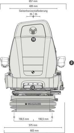 Technische Zeichnung: Grammer Traktorsitz Maximo® XT Evolution Dynamic, Niederfrequenzfederung, Stoff, grau/schwarz