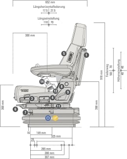 Technische Zeichnung: Grammer Traktorsitz Maximo® XT Evolution Dynamic, Niederfrequenzfederung, Stoff, grau/schwarz