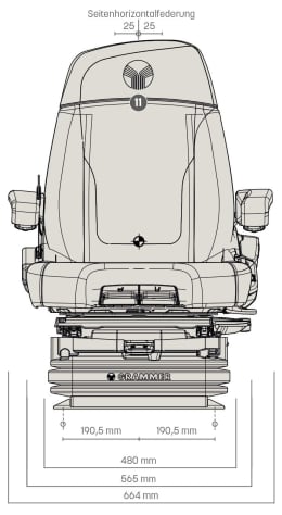 Technische Zeichnung: Grammer Traktorsitz Maximo® XT Dynamic Plus, Niederfrequenzfederung, Stoff, anthrazit/silber