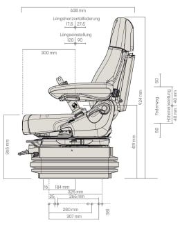 Technische Zeichnung: Grammer Traktorsitz Maximo® XT Dynamic Plus, Niederfrequenzfederung, Stoff, anthrazit/silber