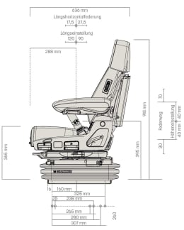 Technische Zeichnung: Grammer Traktorsitz Maximo® Evolution Dynamic, Niederfrequenzfederung, Stoff, anthrazit/silber
