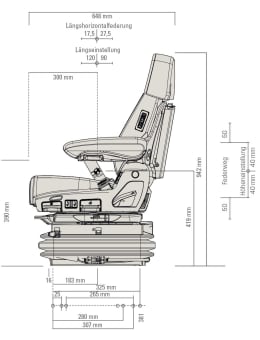 Technische Zeichnung: Grammer Traktorsitz Maximo® XT Evolution Active, luftgefedert, Stoff, anthrazit/silber