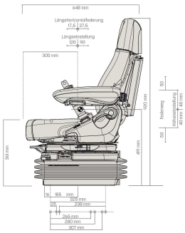 Technische Zeichnung: Grammer Traktorsitz Maximo® Dynamic Plus, Niederfrequenzfederung, Stoff, anthrazit/silber