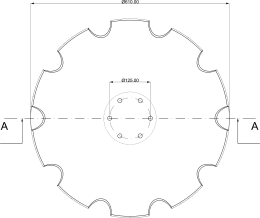 Technische Zeichnung: Eggenscheibe 620 x 6 mm, LK 125 mm, gewölbt, gezahnt, für Hosch Scheibenegge Joker